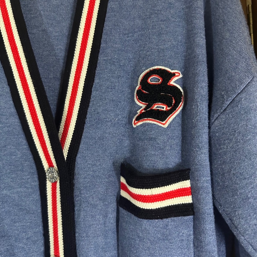 Sandro Blue Varsity Striped Oversized Knit Cardigan Sweater Sz S Preppy Academia - Picture 4 of 6